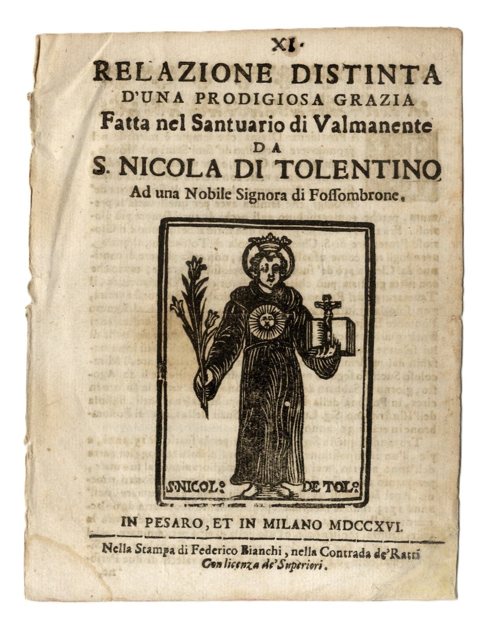 Relazione distinta d'una prodigiosa grazia fatta nel santuario di Valmanente … | Immagine principale