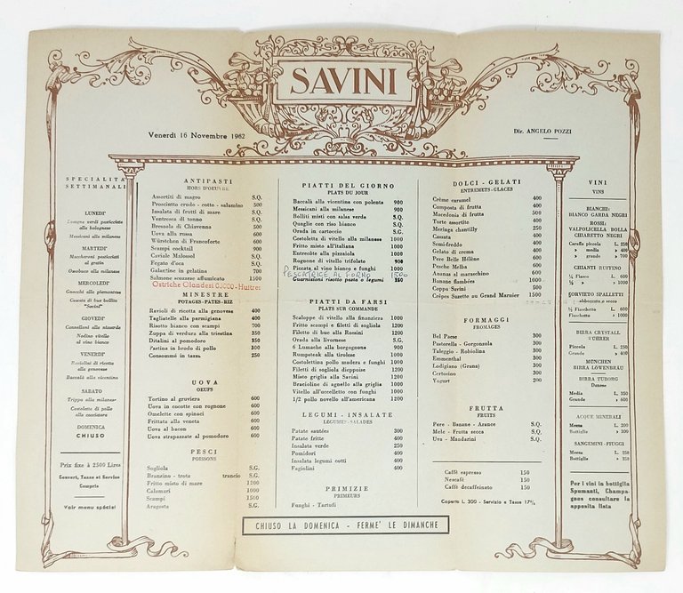 Ristorante Savini Milano. Colazioni. Venerd&amp;igrave; 16 novembre, 1962.