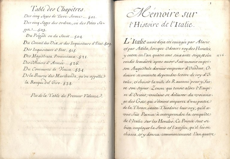 SUR L'HISTOIRE D'ITALIE. Tome premier et second. Manoscritto di anonimo …