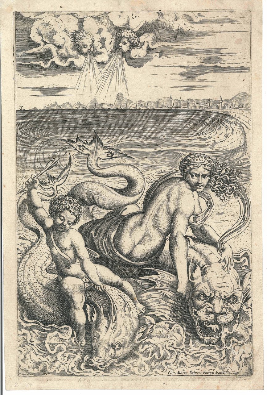 Venere e Amore portati da delfini.