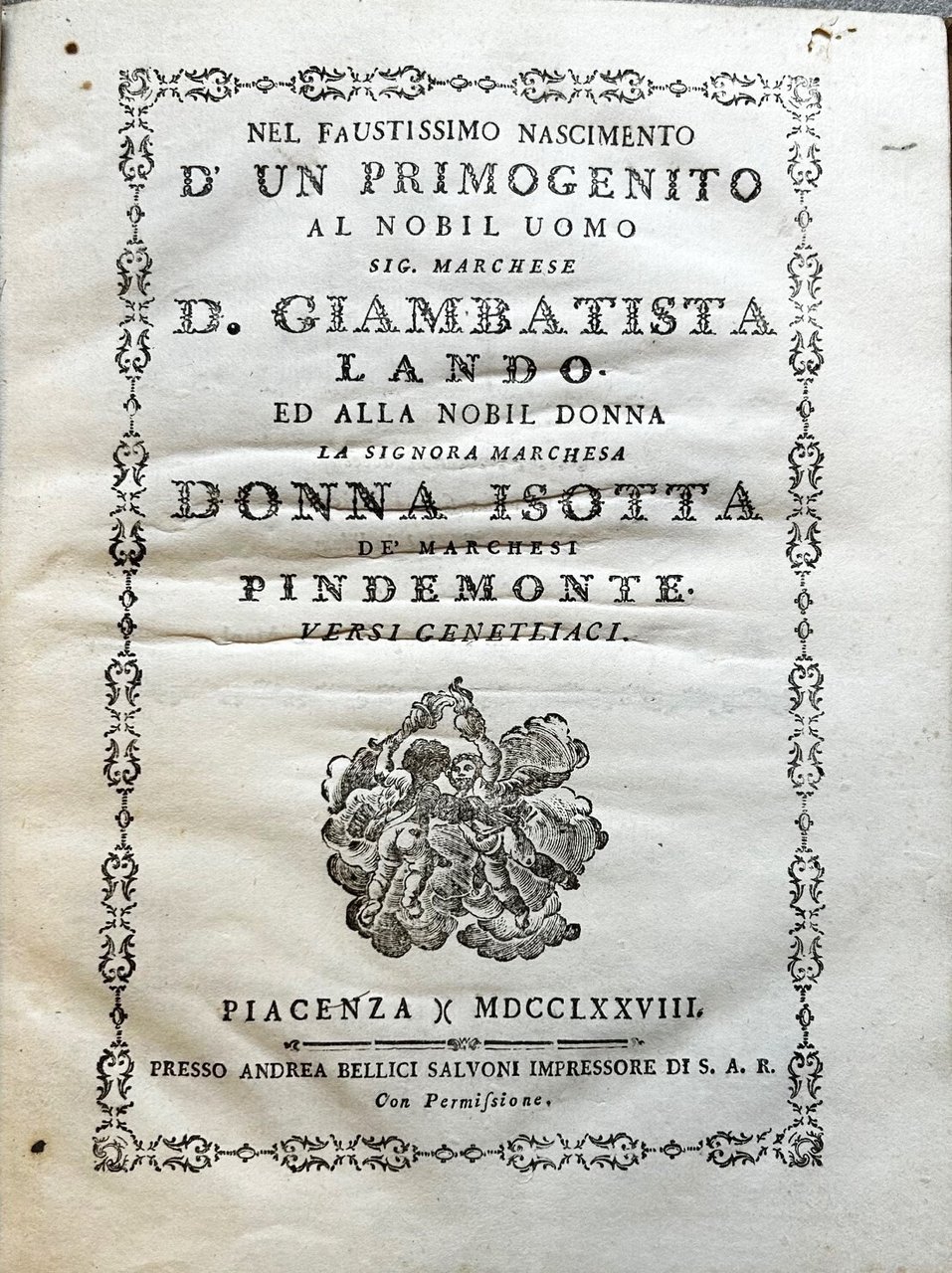 Versi Genetliaci Nel faustissimo nascimento d'un primogenito al nobil uomo …