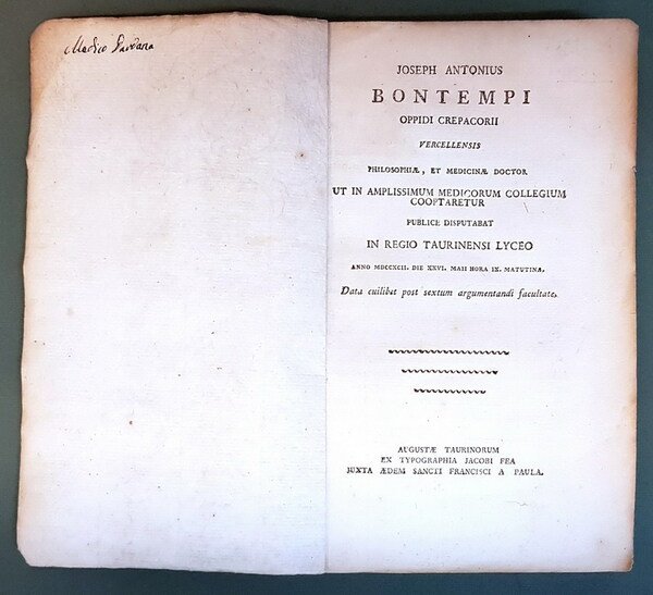 JOSEPH ANTONIUS BONTEMPI Oppidi Crepacorii Vercellensis philosophiae, et medicinae Doctor …