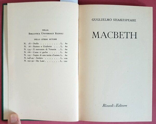 N. 6 vol. nella collana B.U.R. di Guglielmo Shakespeare: OTELLO …