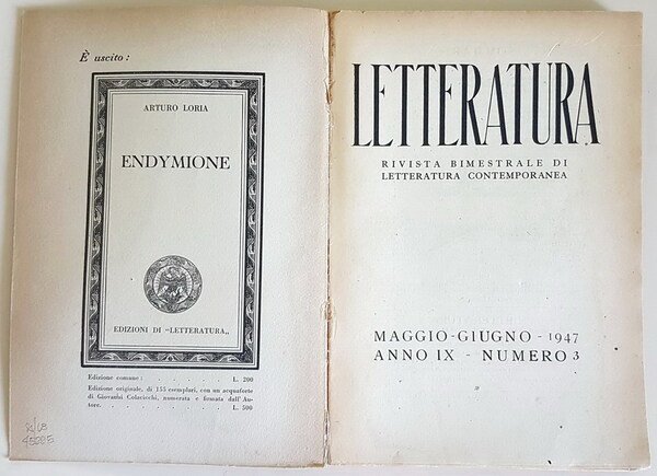 LETTERATURA - Rivista bimestrale di Letteratura contemporanea (anno IX) - …