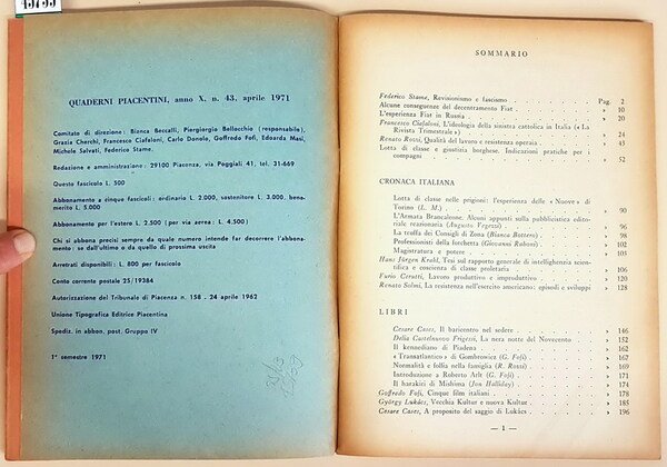 QUADERNI PIACENTINI (anno X) - N. 43 (aprile 1971) - …