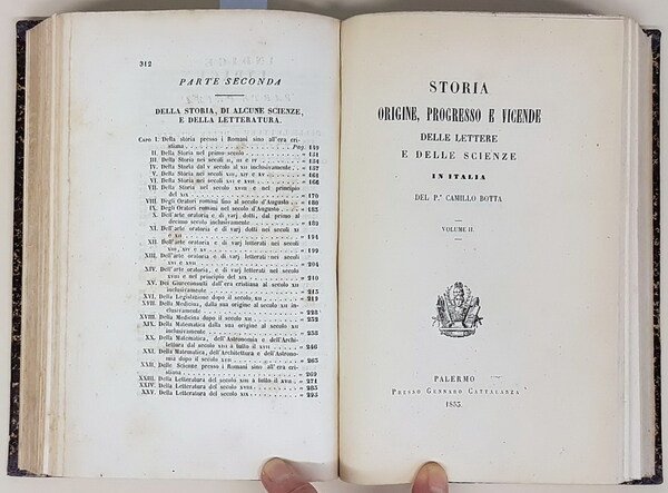 STORIA ORIGINE, PROGRESSO E VICENDE delle Lettere e delle Scienze …