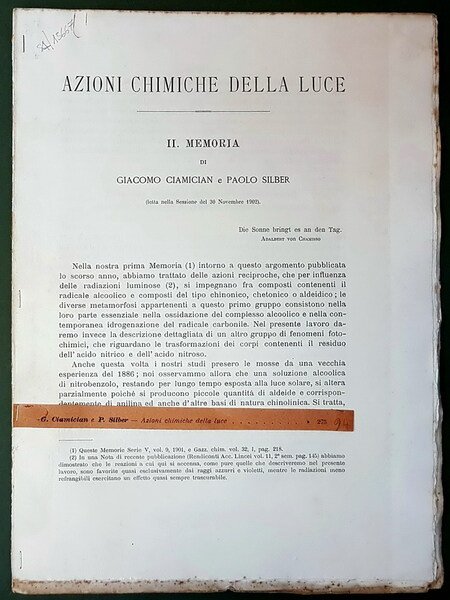 AZIONI CHIMICHE DELLA LUCE (II. memoria)