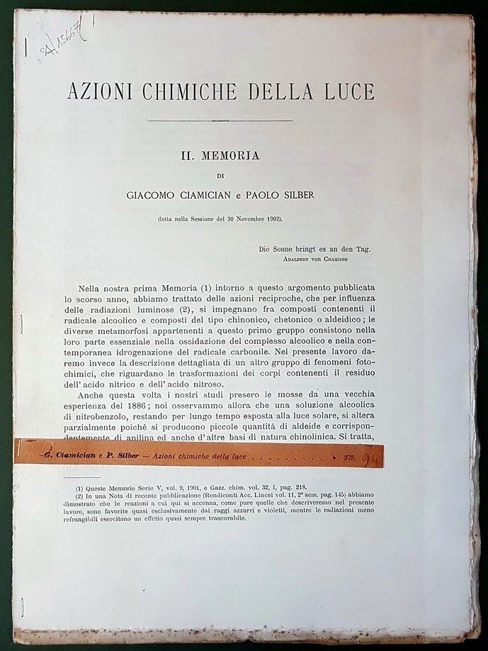 AZIONI CHIMICHE DELLA LUCE (II. memoria)