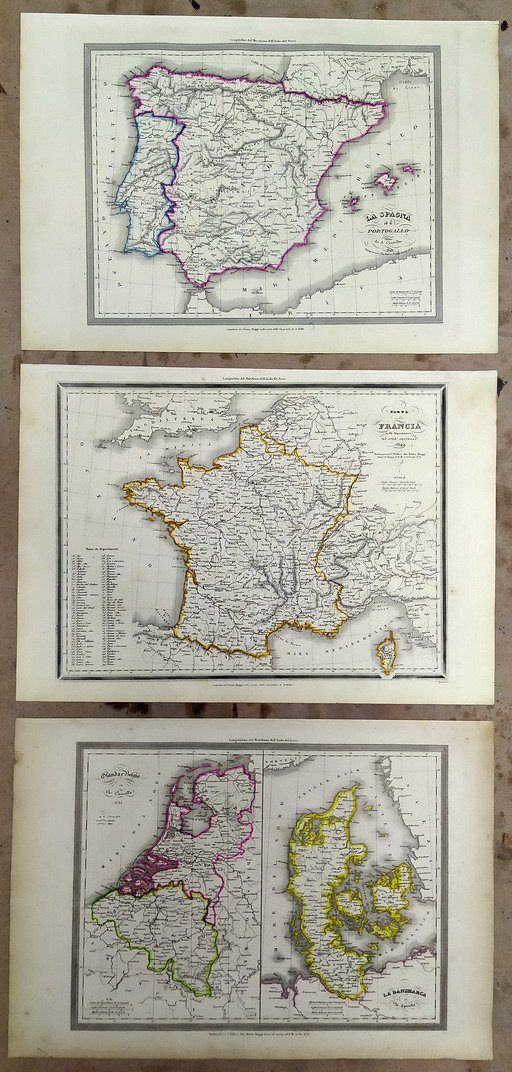 N. 3 carte geografiche della FRANCIA, SPAGNA e PORTOGALLO, OLANDA …