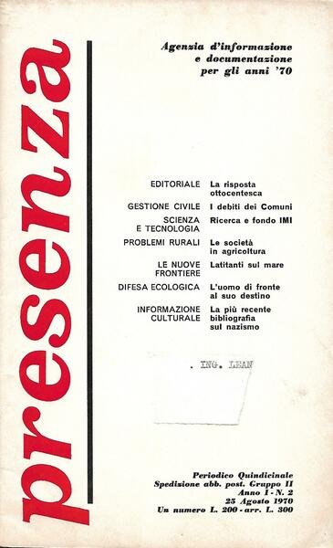 PRESENZA - ANNO I N. 2 - AGOSTO 1970