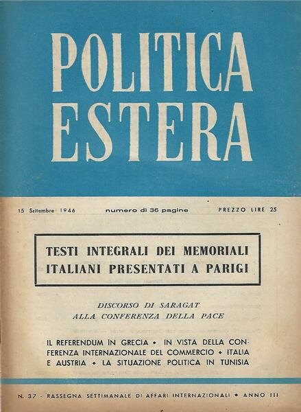 POLITICA ESTERA ANNO III N. 37 - 15 SETTEMBRE 1946