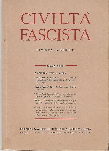 CIVILTA' FASCISTA - ANNO V N.8 - AGOSTO 1938