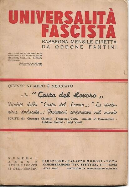 UNIVERSALITA' FASCISTA - Anno X n. 6 - aprile 1938