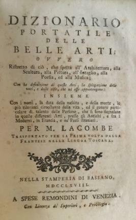 Dizionario portatile delle Belle Arti. Ristretto di ciò, ……. Trasportato …