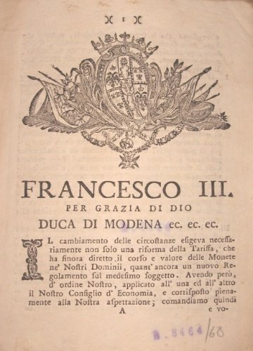 Editto numismatico sulle monete d’oro emanato da Francesco III, Duca …