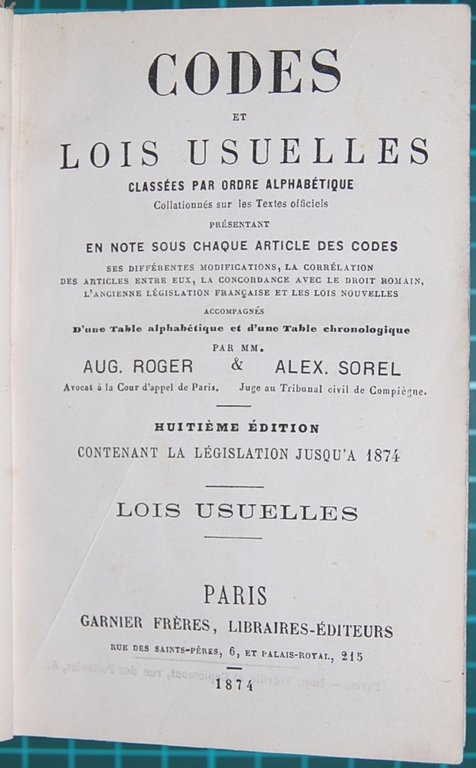 Codes et lois usuelles classes par ordre alphabetique collationnes sur …