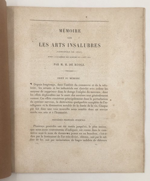 Mémoire sur les ARTS INSALUBRES. [Pericoloso impiego del MERCURIO nella …