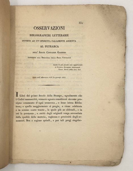 Osservazioni BIBLIOGRAFICHE LETTERARIE intorno a un'OPERETTA FALSAMENTE ascritta al PETRARCA. …