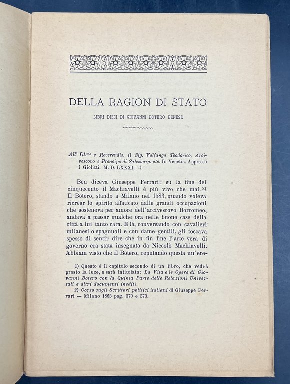 Commento a "Della RAGION di STATO.Libri dieci di Giovanni BOTERO …