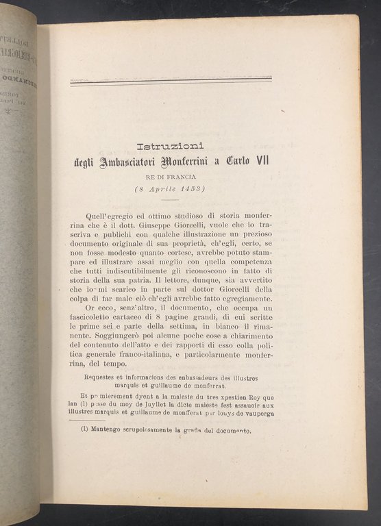 ISTRUZIONI degli AMBASCIATORI MONFERRINI a CARLO VII. Estratto originale dal …