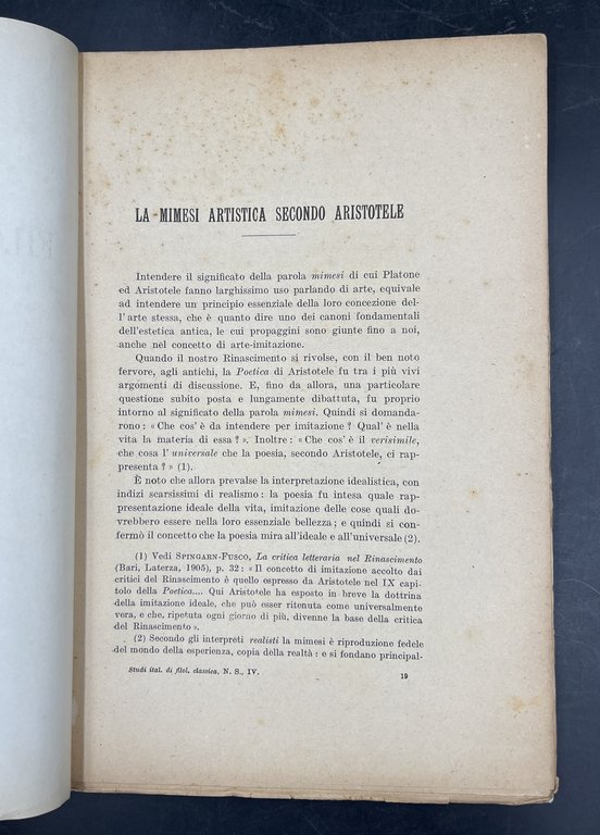 La MIMESI ARTISTICA secondo ARISTOTELE. Corposo stralcio da Studi italiani …