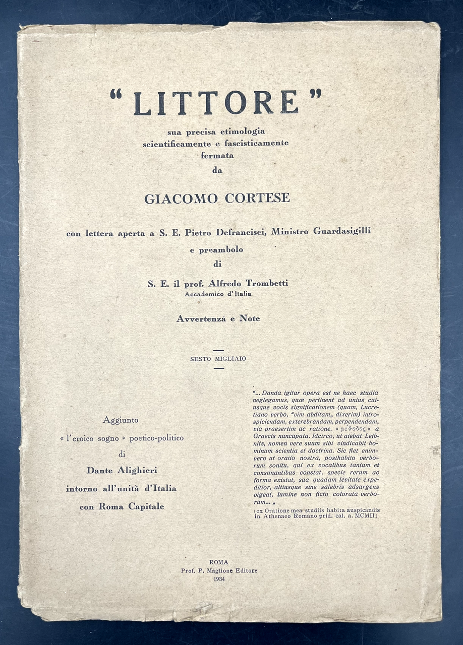 LITTORE. Sua precisa ETIMOLOGIA scientificamente e FASCISTICAMENTE fermata. Con lettera …