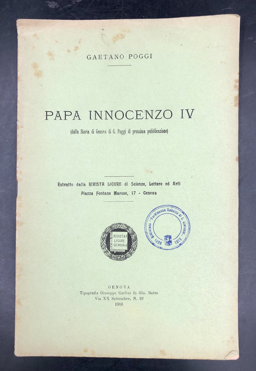 Papa INNOCENZO IV. Dalla Storia di Genova di G. Poggi …