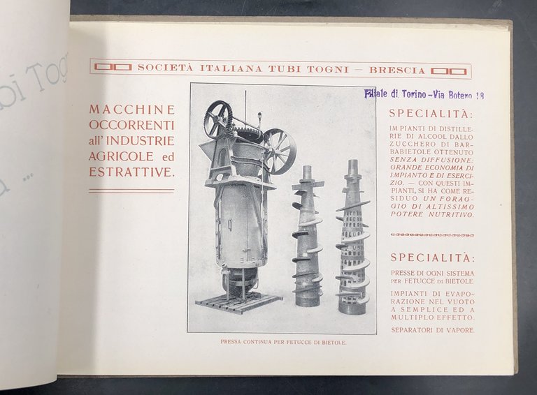 Prima OFFICINA italiana specializzata nelle costruzione delle MACCHINE occorrenti alle …