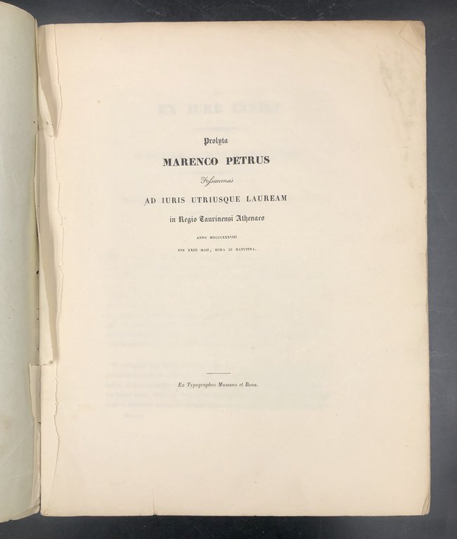 Prolyta MARENCO Petrus FOSSANENSIS ad JURIS UTRIUSQUE Lauream in Regio …