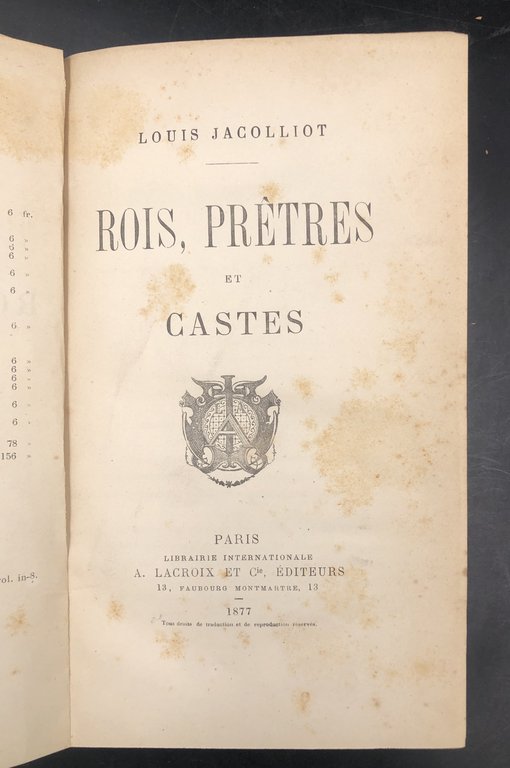 ROIS, PRETRES ET CASTES. Collana "Etudes indianistes".