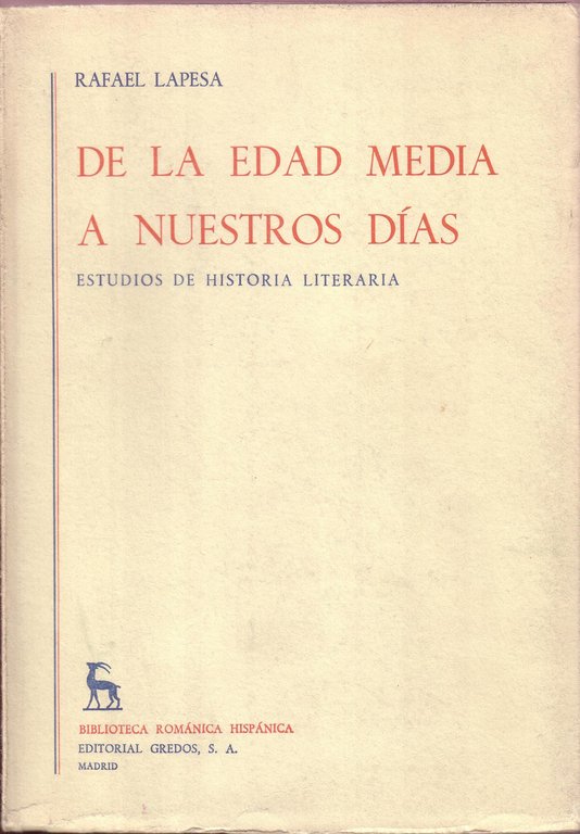 De la Edad Media a nuestros días. Estudios de historia literaria. (La lengua de la poesía épica en los cantares de gesta y en el Romancero viejo - Ofrenda de tres noticias sobre épica y dialectos - Sobre el "Auto de los Reyes Magos": sus rimas anómalas y el posible origen de su autor - ¿Amor cortes o parodia? A propósito de la primitiva lírica de Castilla - El tema de la muerte en el "Libro de Buen Amor" - Notas sofre Micer Francisco Imperial - Los "Proverbios" de Santillana. Contribución al estudio de sus fuentes - El elemento moral en el "Laberinto" de Mena: su influjo en la disposición de la obra - Sobre Juan de lucena: escritos suyos mal conocidos o inéditos - Poesía de cancionero y poesía italianizante - Las odas de fray Luis de león a