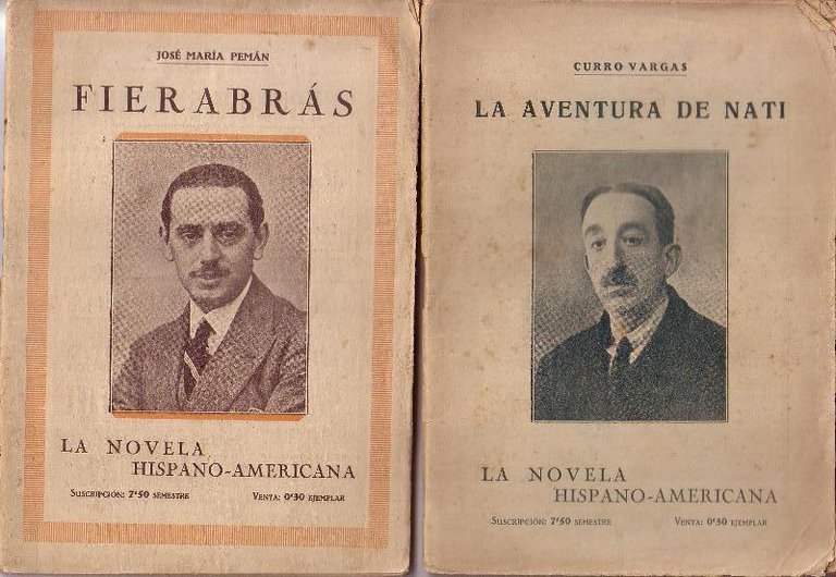 La novela Hispano-Americana. Colección completa de 23 números. Director: Juan Puchades Montón. Curro Vargas: "La aventura de Nati". José María Pemán: "Fierabrás". Juan Puchades: "Luces de amanecer". José Zahonero: "La señaleza de boda". Jesús R Coloma: " En el desierto". María Enriqueta: "El misterio de su muerte". Curro Vargas: "Cada alma, su senda.". Mariano Sánchez de Enciso: " El mentir de las estrellas". Nicolás González Ruiz: "El enigma del Tamesis". (Novela policiaca apócrifa). José Martínez Agulló: "Angelines". José Mª Pemán: "Estampas románticas". María de Echarri: "El que siembra con lágrimas". Antonio Reyes Huertas: " Cómo era el amor". José de Hevia Vicente: "La gobernadora". Fernando Castan Palomar: "Hoy como ayer". José Romero