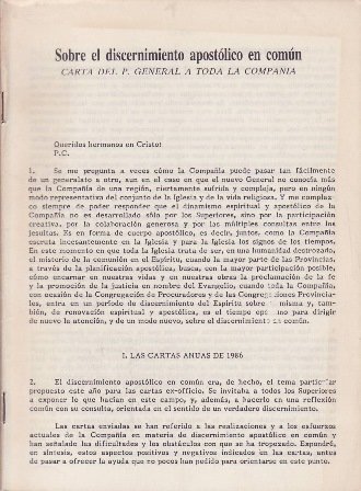 Sobre el discernimiento apostólico en común. Carta del P. General …
