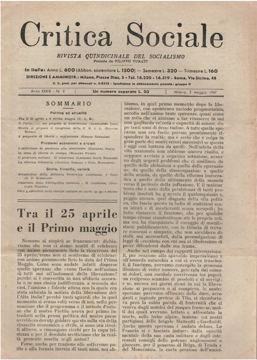 Critica sociale rivista quindicinale del socialismo. Fondata da Filippo Turati