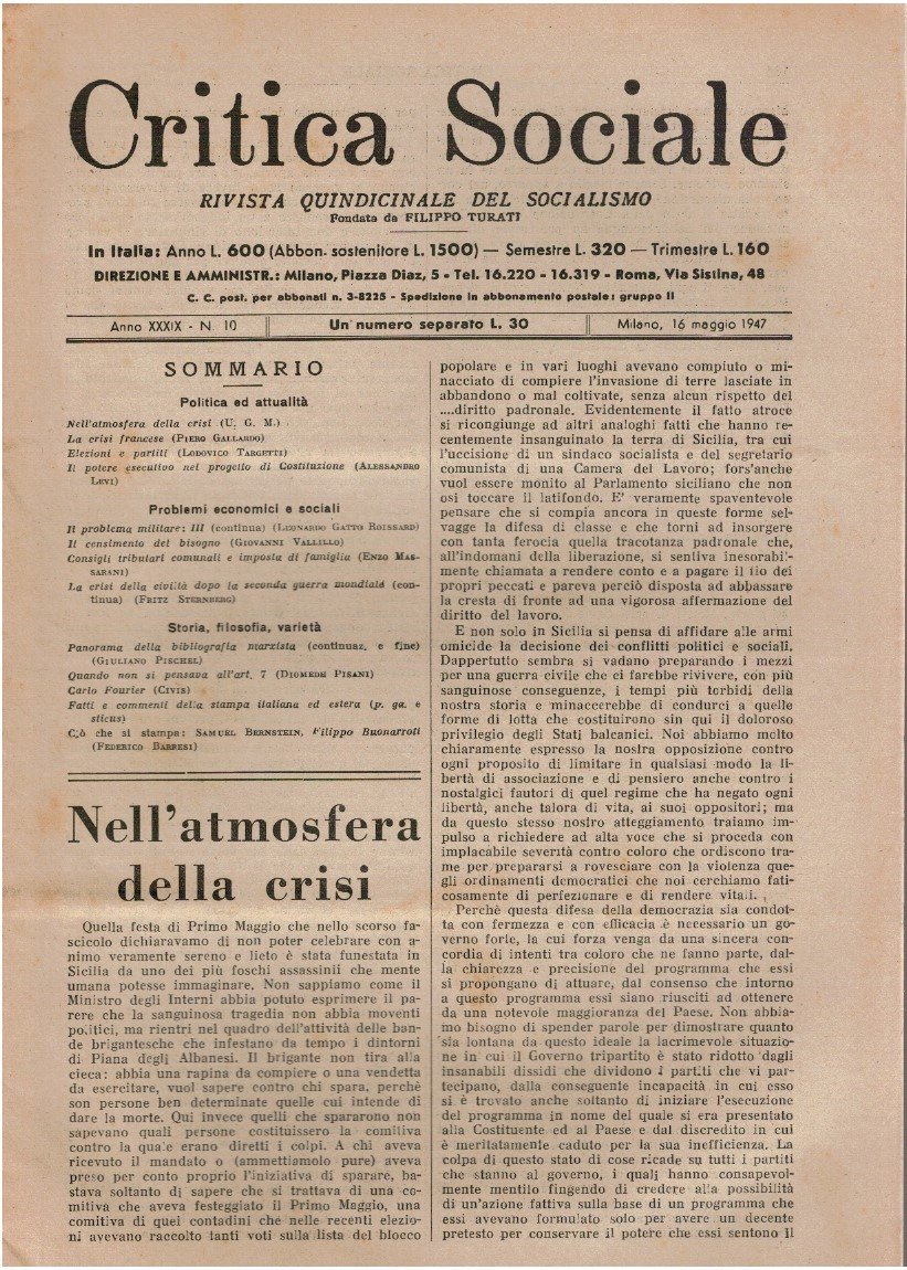 Critica sociale rivista quindicinale del socialismo. Fondata da Filippo Turati