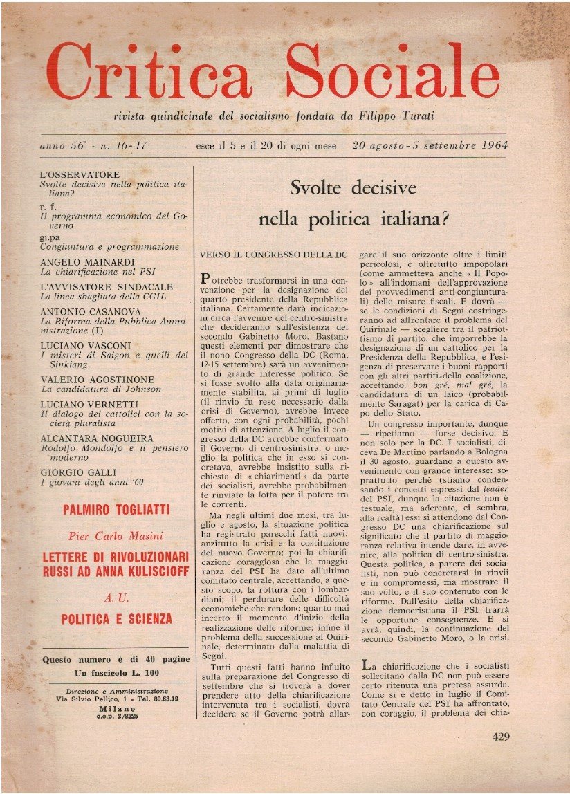 Critica sociale rivista quindicinale del socialismo. Fondata da Filippo Turati