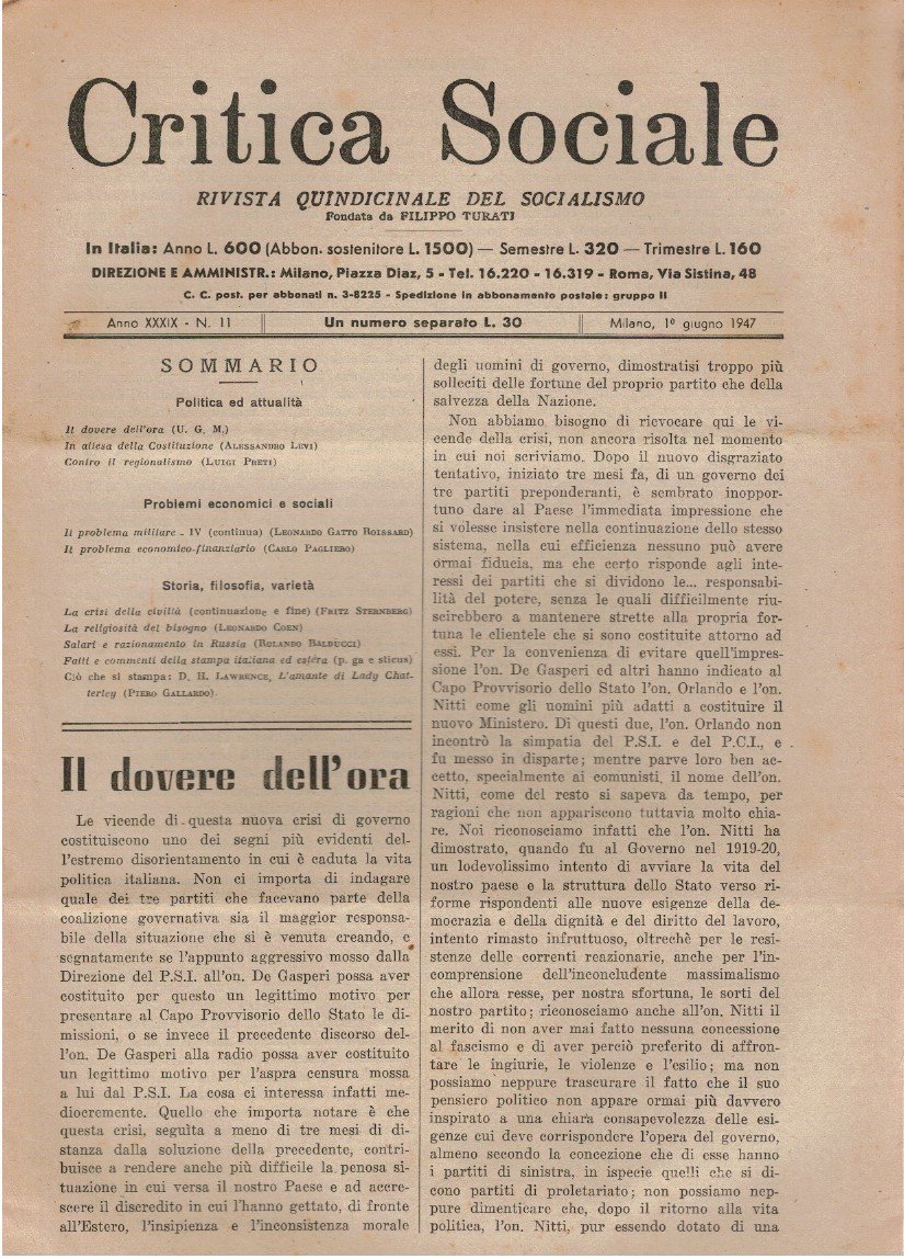Critica sociale rivista quindicinale del socialismo. Fondata da Filippo Turati