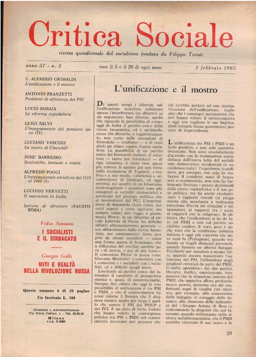 Critica sociale rivista quindicinale del socialismo. Fondata da Filippo Turati