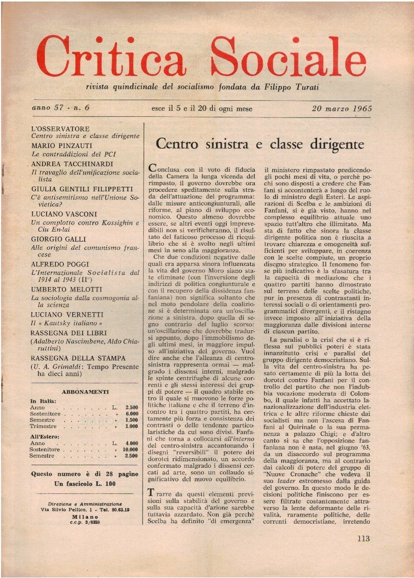 Critica sociale rivista quindicinale del socialismo. Fondata da Filippo Turati
