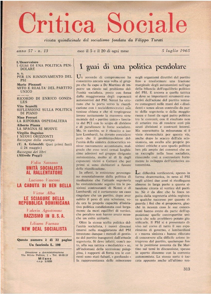 Critica sociale rivista quindicinale del socialismo. Fondata da Filippo Turati