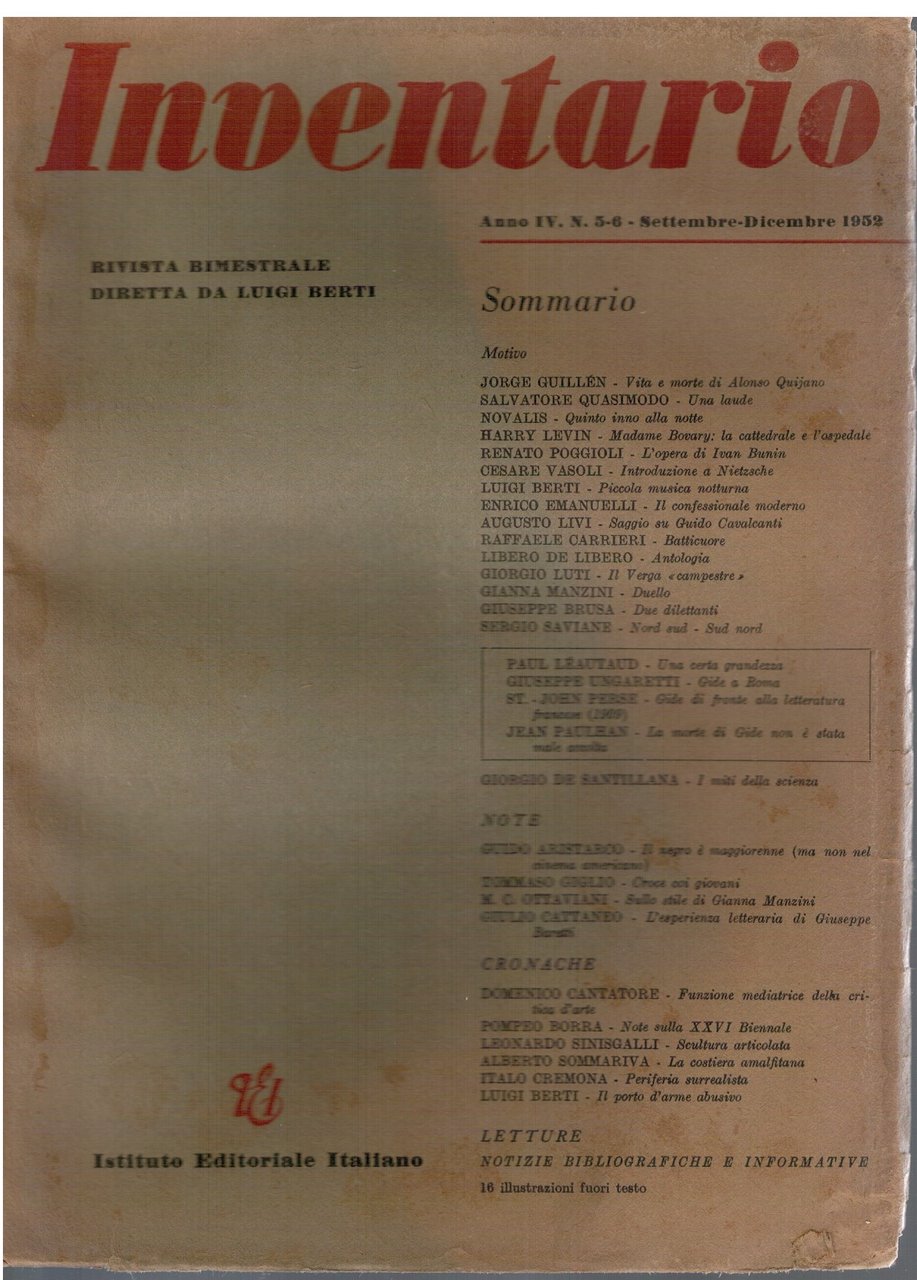 Inventario Anno IV N. 5-6 Settembre-Dicembre 1952