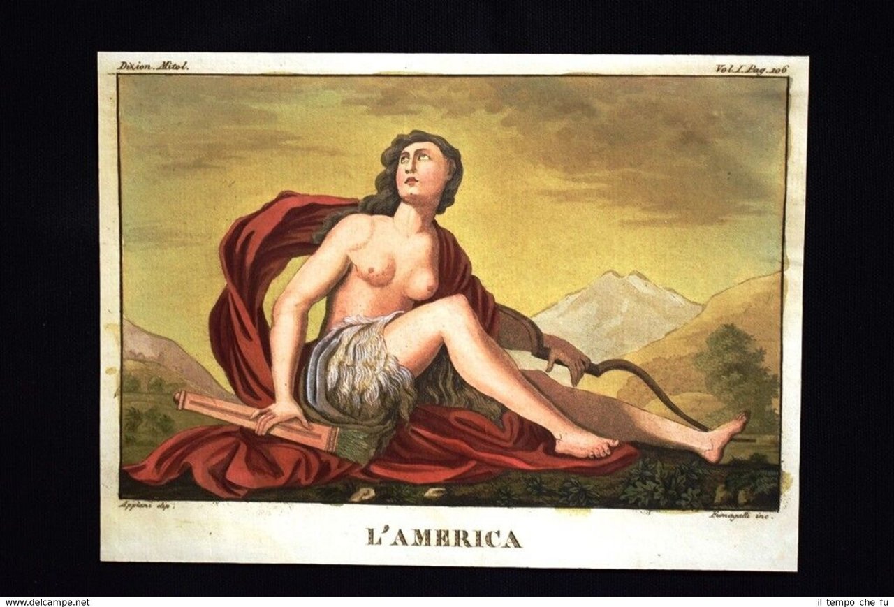 Allegoria dell'America Incisione colorata a mano del 1820 Mitologia Pozzoli