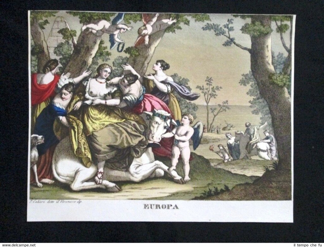 Allegoria dell'Europa Incisione colorata a mano del 1820 Mitologia Pozzoli