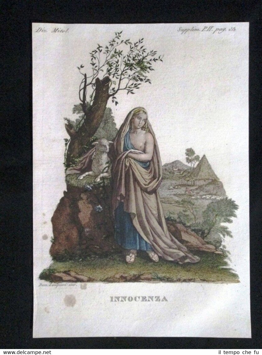 Allegoria dell'Innocenza Incisione colorata a mano del 1820 Mitologia Pozzoli