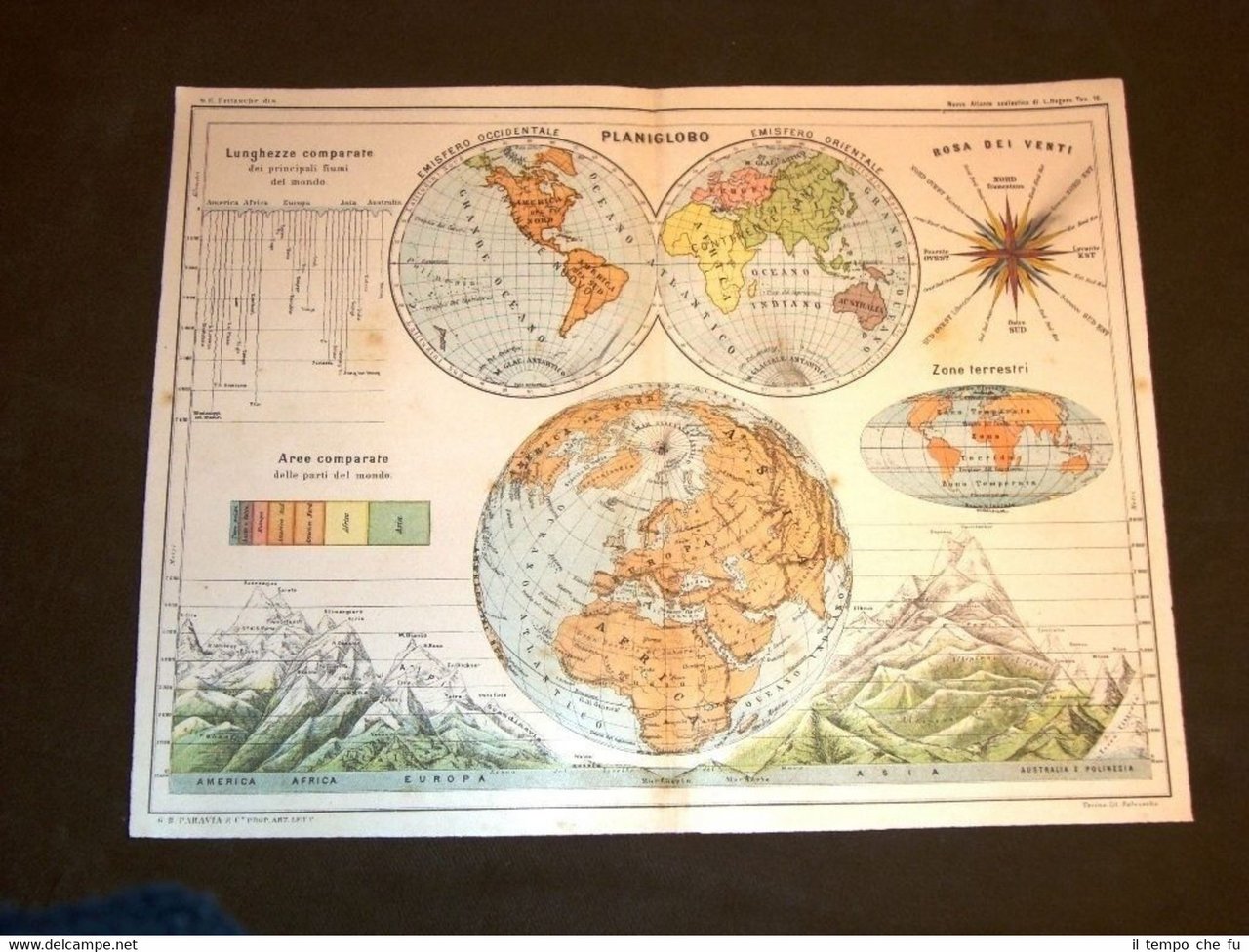 Antica carta geografica o mappa fine '800 Ancient map Planiglobo
