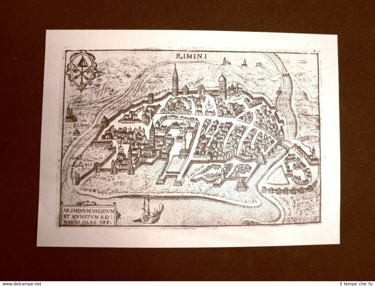 Antica veduta della città di Rimini Incisione del 1616 Ristampa