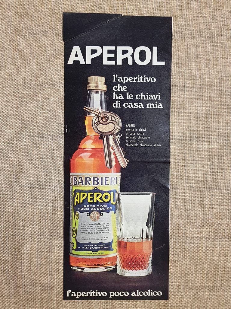 Aperitivo poco alcolico Aperol Barbieri Pubblicità vintage anni '70