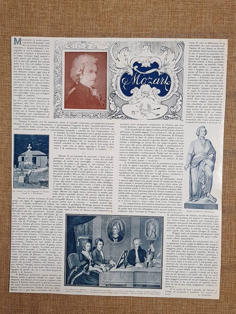 Articolo su Wolfgang Amadeus Mozart di A. Lenzoni del 1931