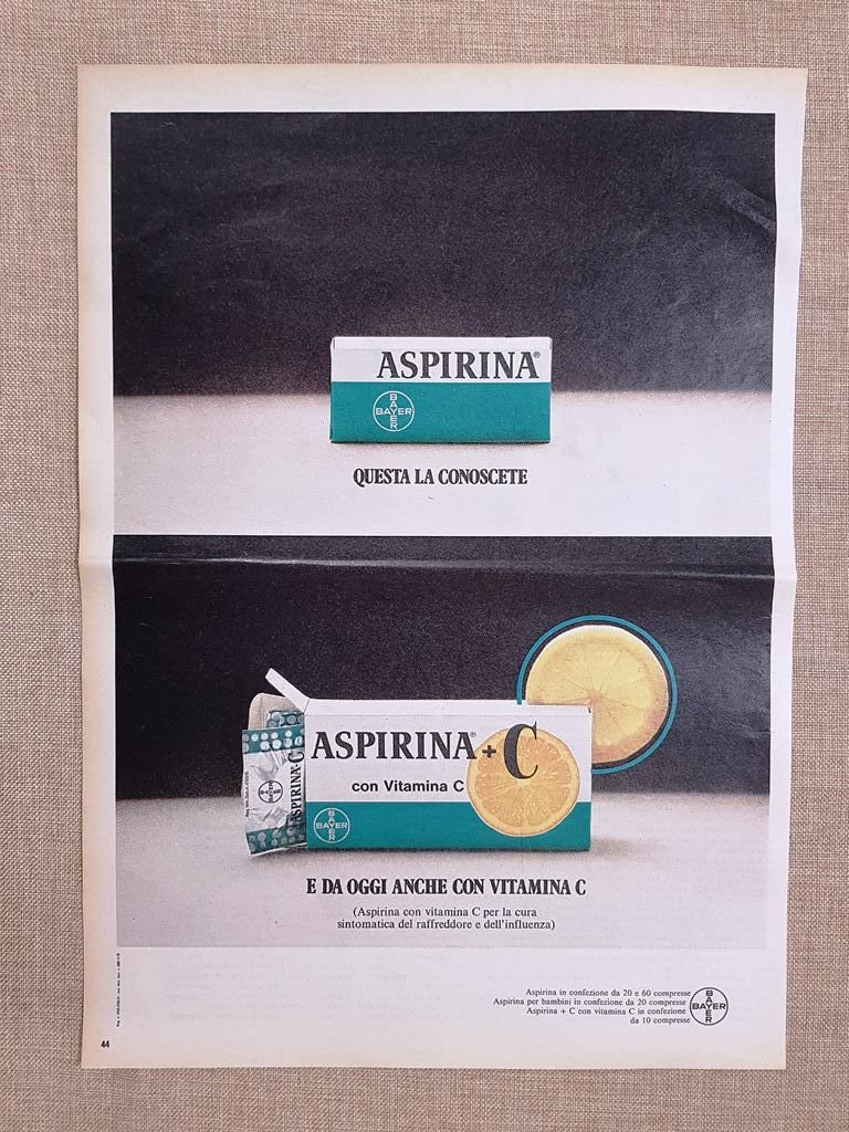 Aspirina con vitamina C Bayer Pubblicità vintage anni '70