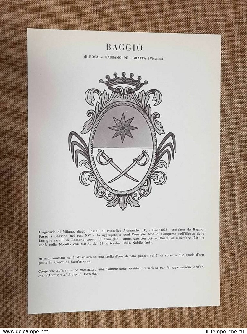 Baggio di Rosa' e Bassano del Grappa Stemma Famiglia Nobile …